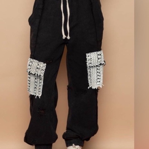 New POL Clothing Denim Lace Joggers Women Sweatpants Relaxed BlackTwill Pants - Picture 4 of 9